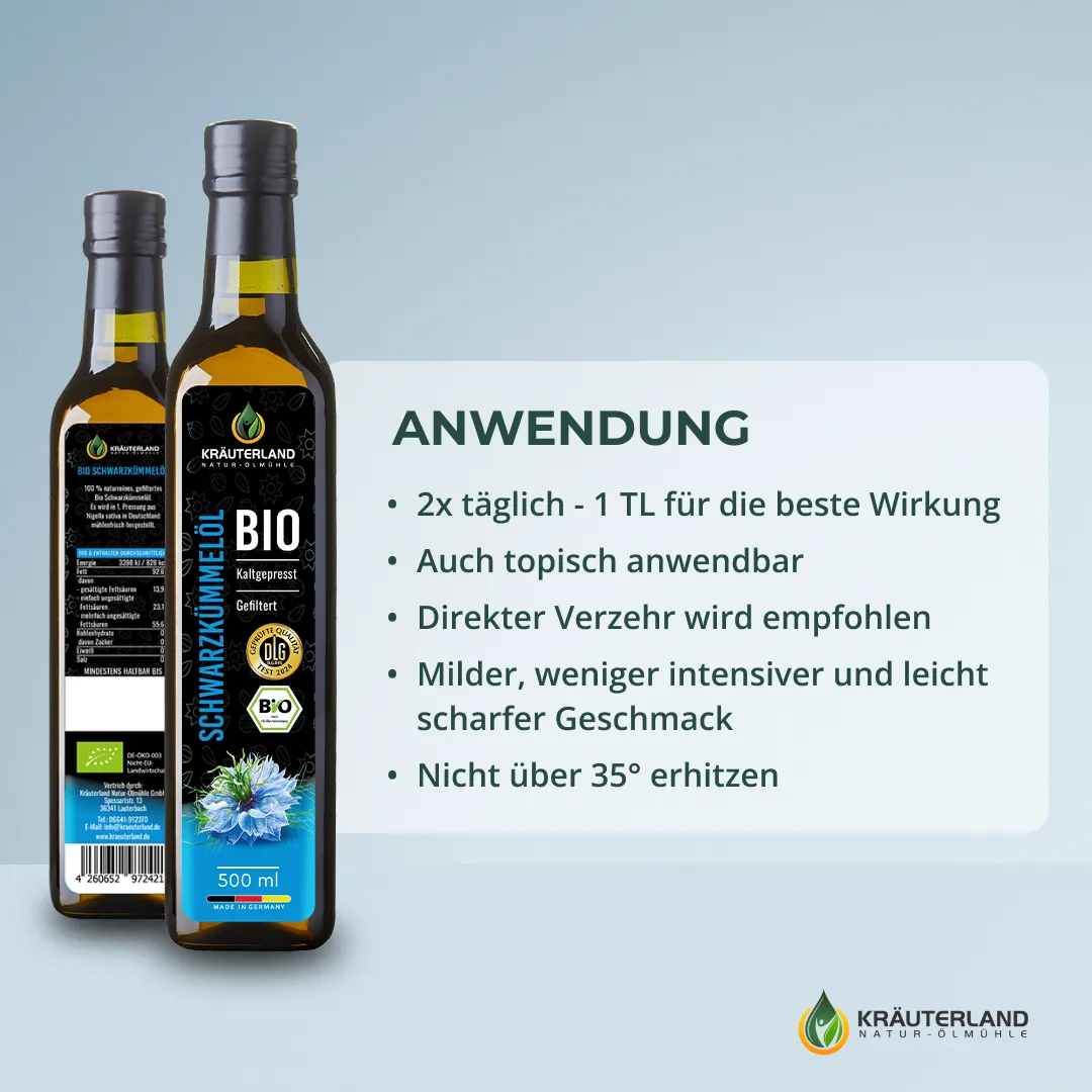 Bio Schwarzkümmelöl 500ml gefiltert Anwendung