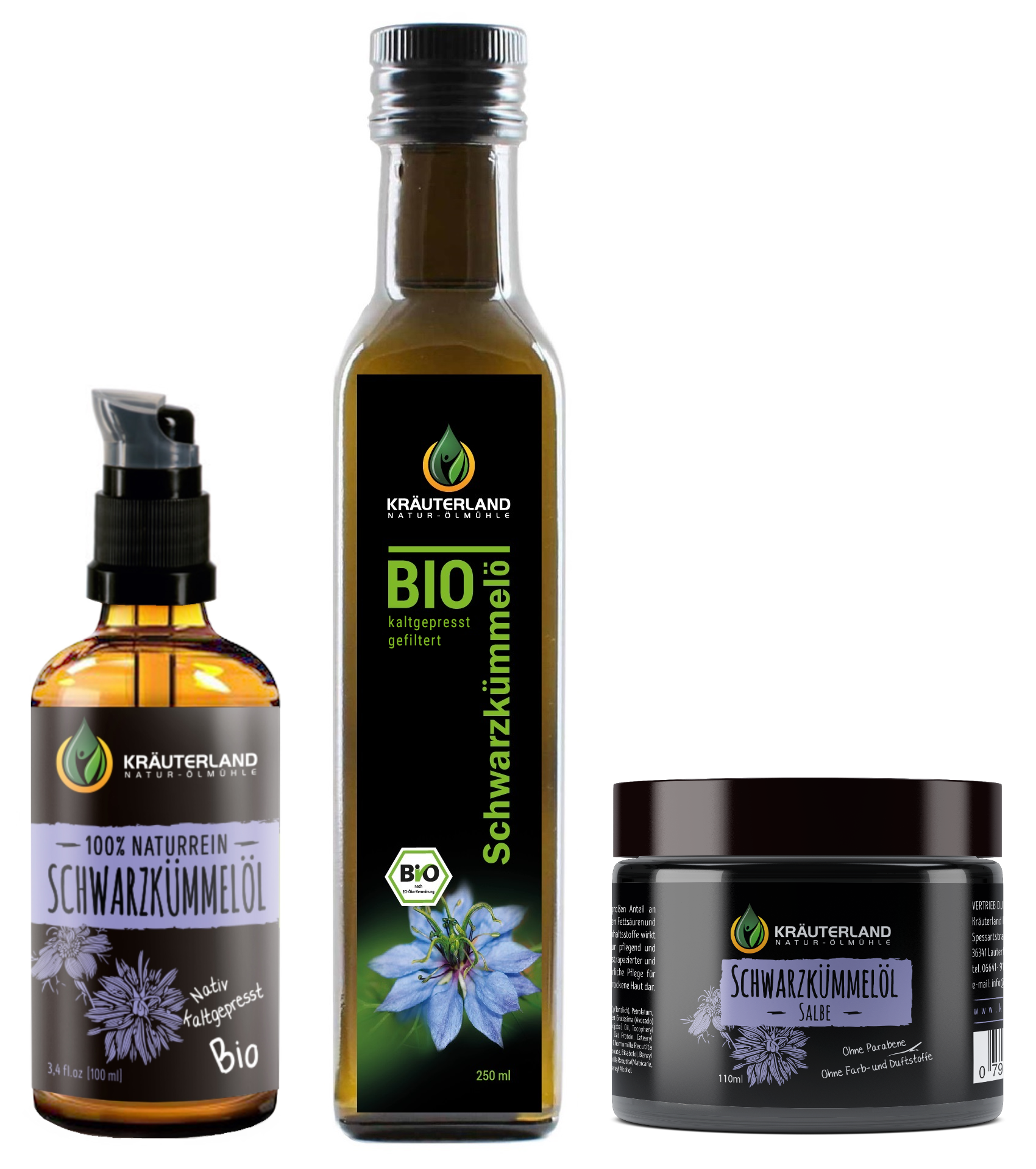 Schwarzkümmel Set: Bio Schwarzkümmelöl 250ml + Schwarzkümmel Salbe + Schwarzkümmel Hautöl