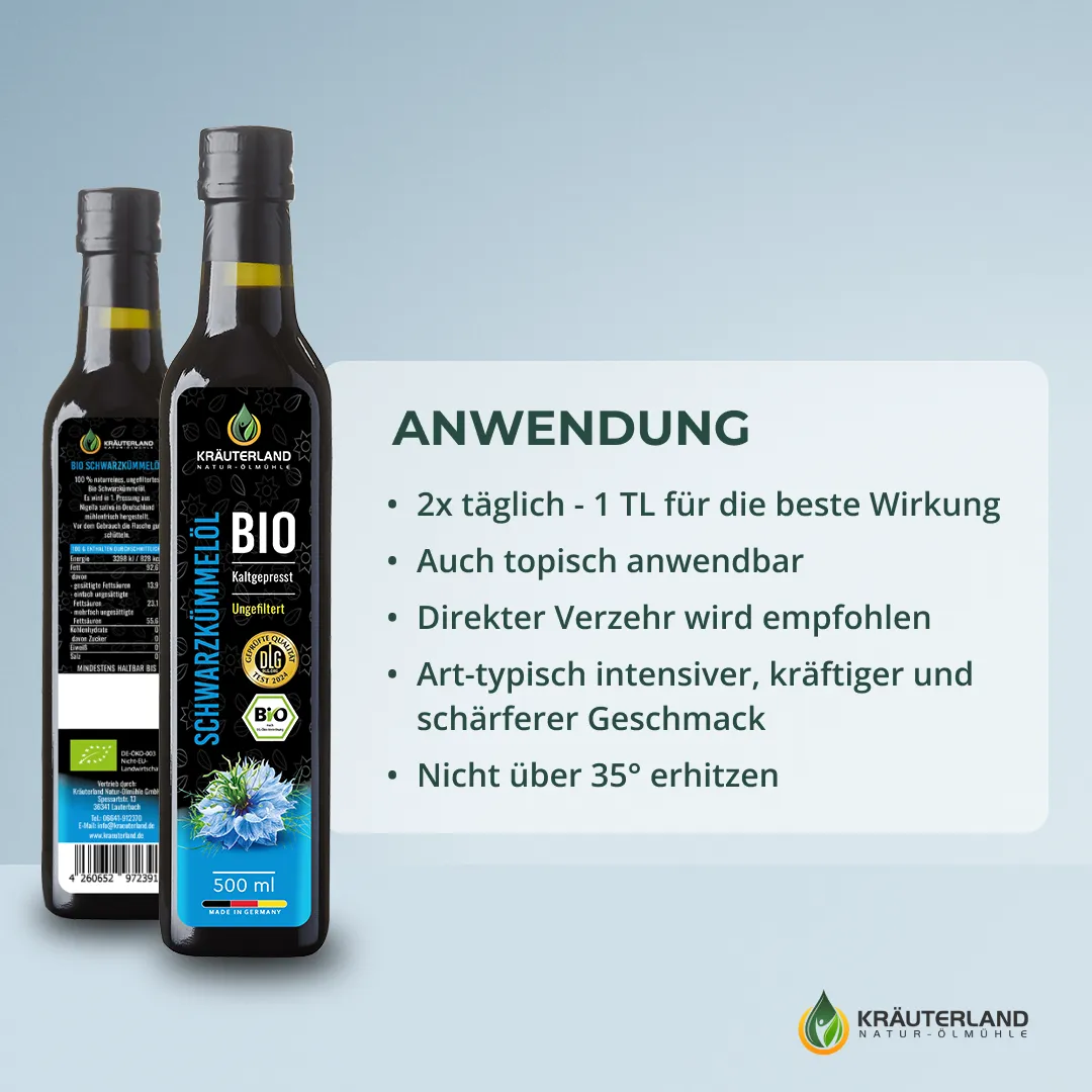 Bio Schwarzkümmelöl 500ml ungefiltert Anwendung